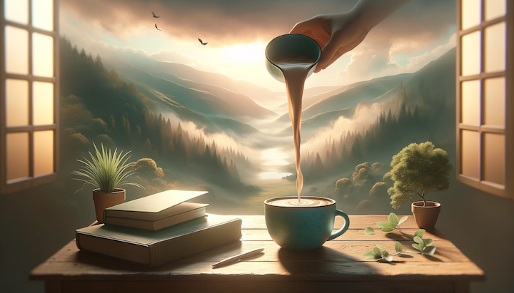 A relaxing coffee being poured with a view of the mountains